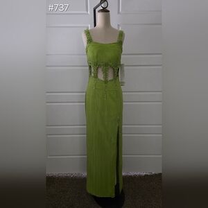 Light Green Silk Beaded Colymn Evening Gown with Cut-Outs